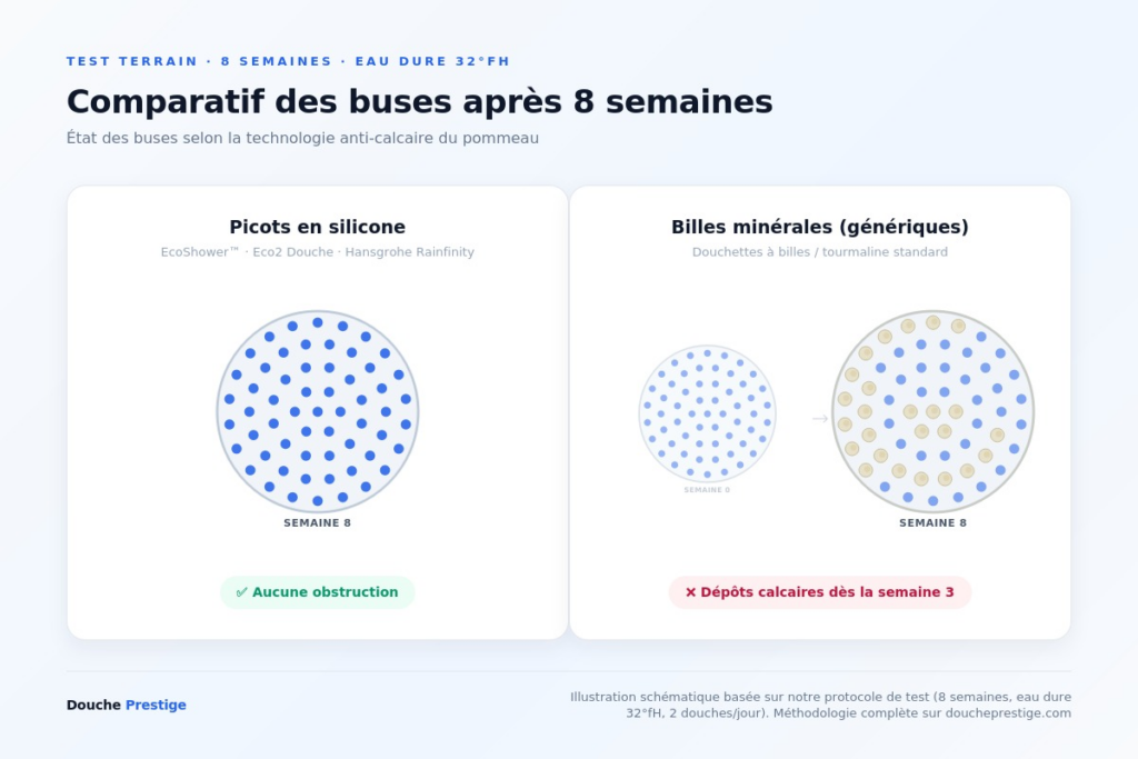 Pommeau de Douche Anti-Calcaire photo du protocole de test / comparatif des buses avant-après 8 semaines
