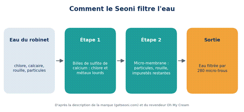 Schéma de la double filtration du pommeau Seoni : billes de sulfite de calcium puis micro-membrane avant la sortie de l'eau