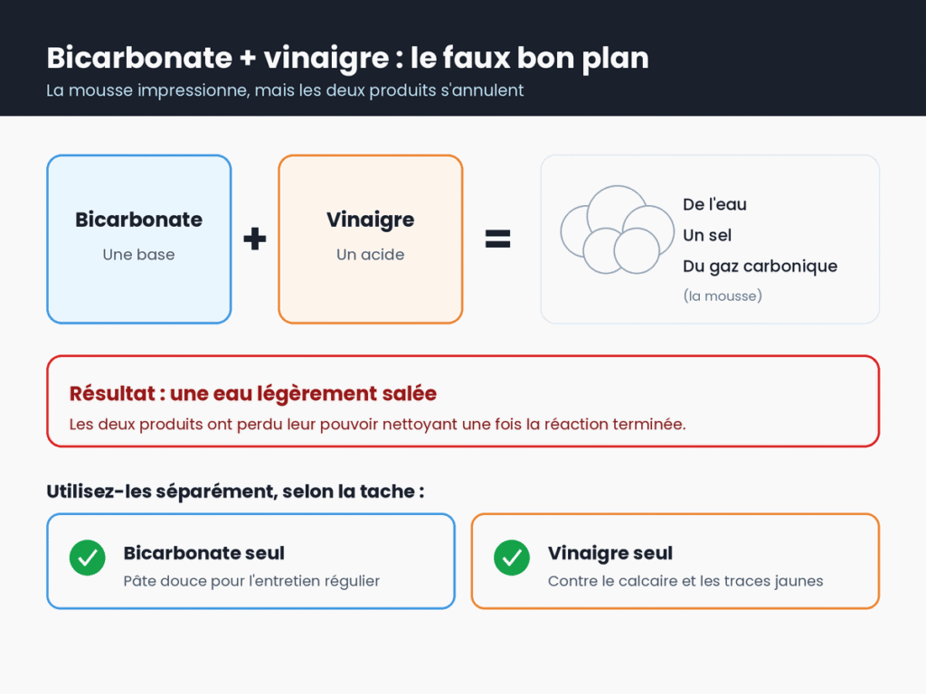 Pourquoi mélanger bicarbonate et vinaigre ne nettoie pas mieux les joints : la base et l'acide se neutralisent en eau, sel et gaz carbonique