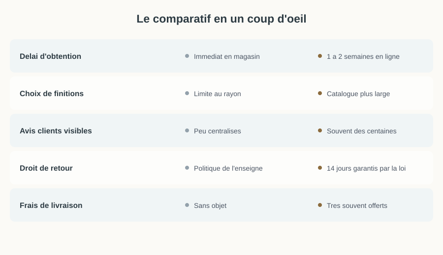 Tableau visuel comparant délai, choix, avis clients, droit de retour et frais de livraison entre magasin et achat en ligne