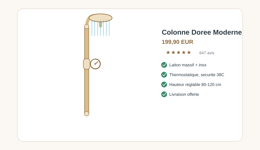 Fiche de la Colonne de Douche Dorée Moderne à 199,90€ avec 647 avis, laiton et inox, thermostatique