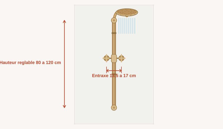 Schéma des dimensions à vérifier avant d'acheter une colonne de douche rétro : hauteur réglable 80 à 120 cm et entraxe 13,5 à 17 cm