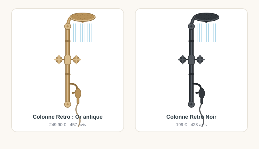 Comparaison des deux finitions de colonne de douche rétro LaBelleDouche : or antique à 249,90 € et noir à 199 €