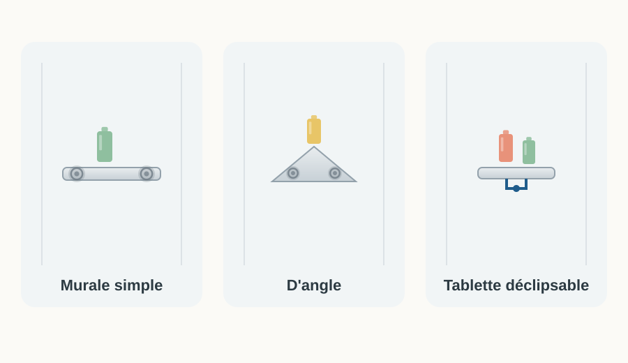 Les trois formats d'étagère de douche sans perçage : murale simple, d'angle et tablette déclipsable