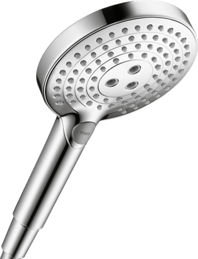 Gros plan sur le bouton Select du pommeau Hansgrohe Raindance Select S 120