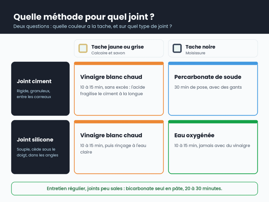 Tableau pour choisir comment nettoyer un joint de salle de bain : vinaigre chaud pour les taches jaunes, percarbonate pour le ciment noirci, eau oxygénée pour le silicone noirci