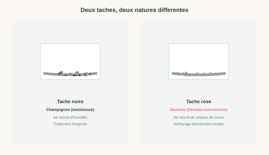 Comparaison entre une tache noire causée par un champignon et une tache rose causée par la bactérie Serratia marcescens