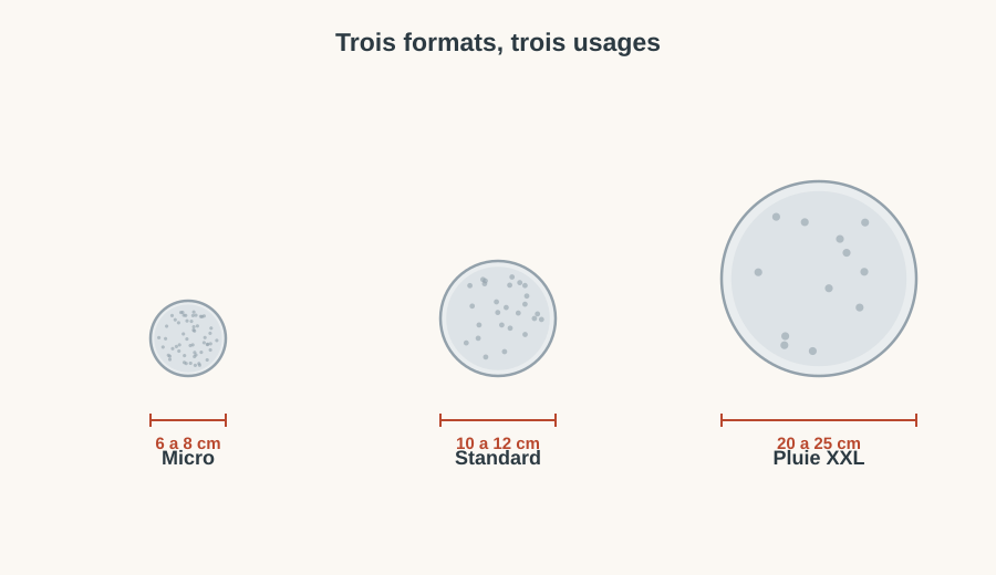 Comparaison des trois formats de pommeau de douche : micro 6-8cm, standard 10-12cm, pluie XXL 20-25cm