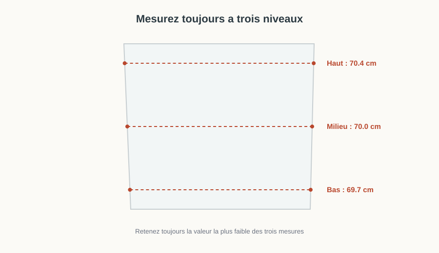 Schéma montrant pourquoi mesurer une niche de douche à trois hauteurs différentes donne des résultats variables