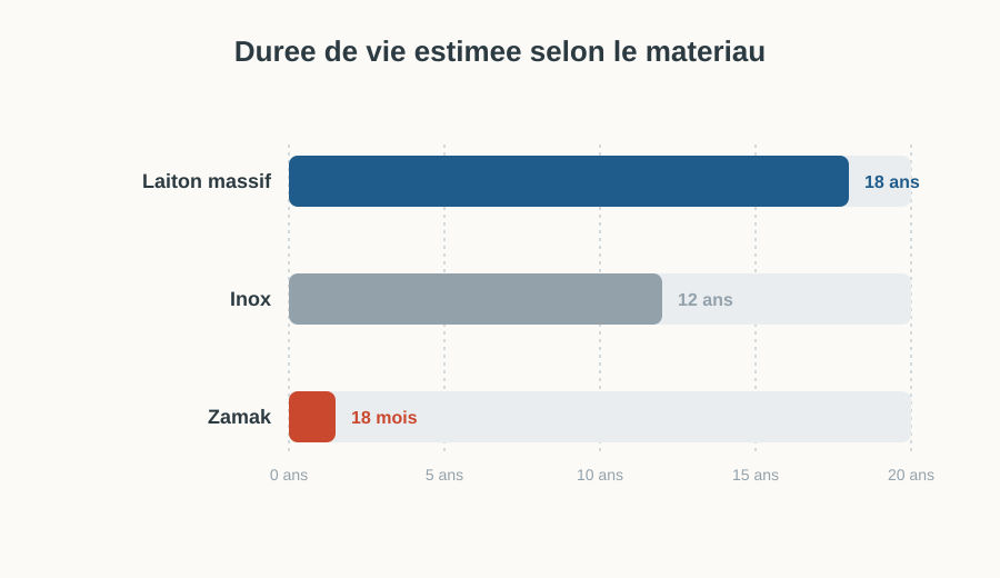 Graphique comparant la durée de vie estimée du laiton massif, de l'inox et du zamak pour un robinet de salle de bain