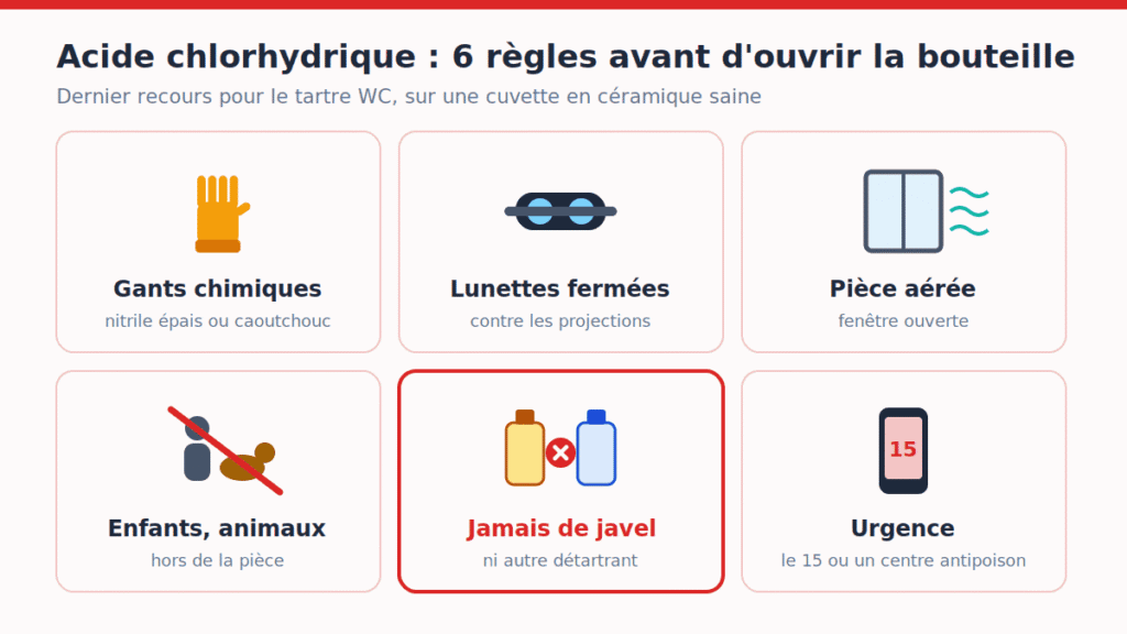 Règles de sécurité pour utiliser l'acide chlorhydrique dans les WC : gants, lunettes, pièce aérée, enfants éloignés, jamais avec de la javel