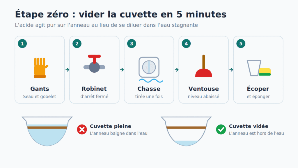 Les 5 étapes pour vider la cuvette des WC avant de détartrer : gants, robinet d'arrêt fermé, chasse tirée, ventouse et éponge