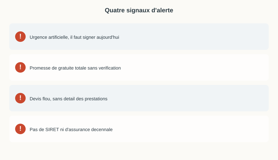 Quatre signaux d'alerte pour reconnaître une arnaque au démarchage senior : urgence artificielle, promesse de gratuité totale, devis flou, absence de SIRET