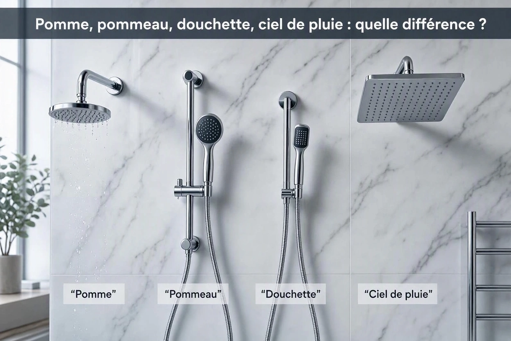 Pomme, pommeau, douchette, ciel de pluie : quelle différence ?