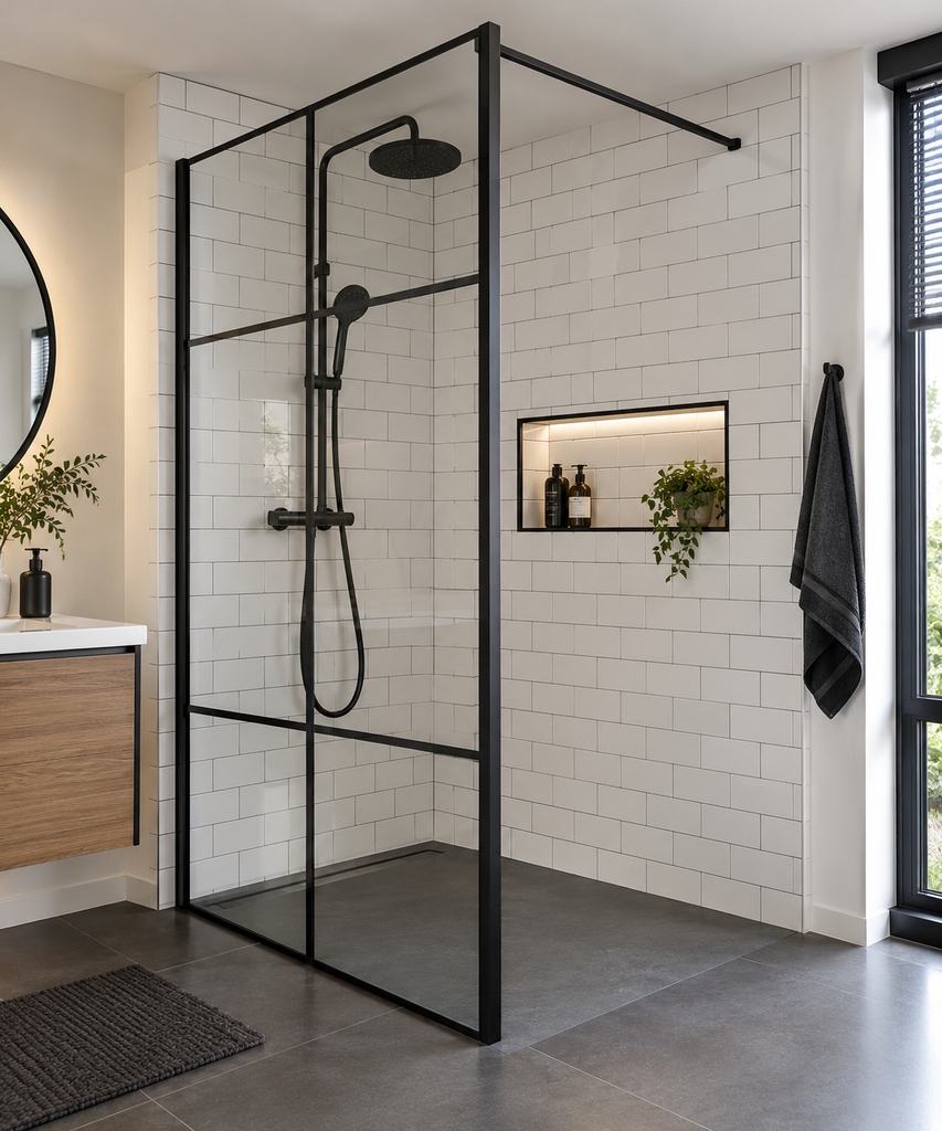 Paroi de douche noire style atelier avec carrelage métro blanc