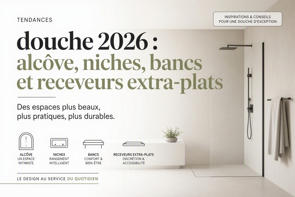Tendances douche 2026 : alcôve, niches, bancs et receveurs extra-plats