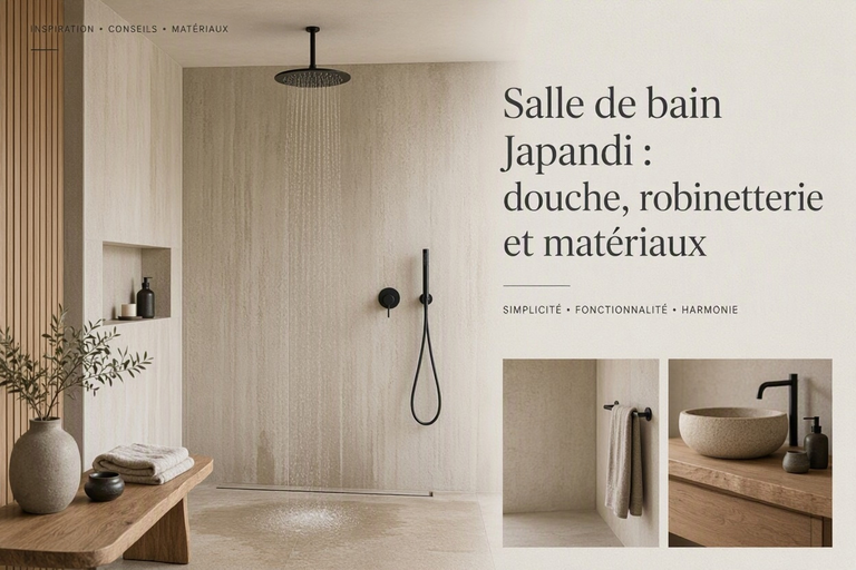 Salle de bain Japandi : douche, robinetterie et matériaux
