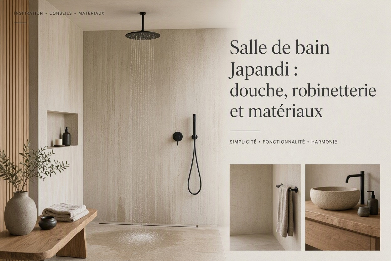 Salle de bain Japandi : douche, robinetterie et matériaux