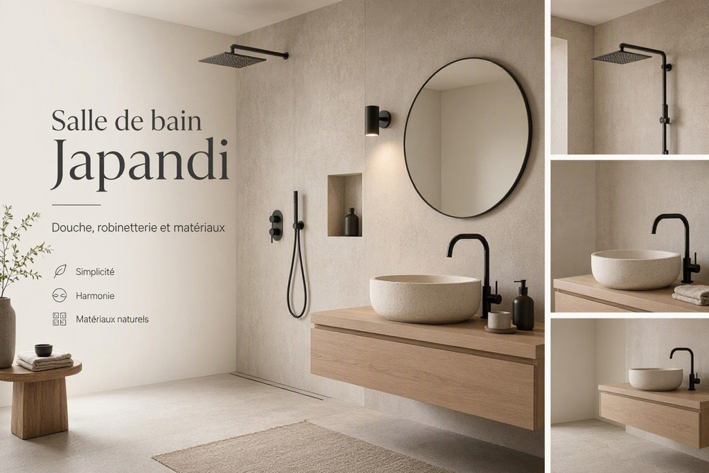 Salle de bain Japandi : douche, robinetterie et matériaux