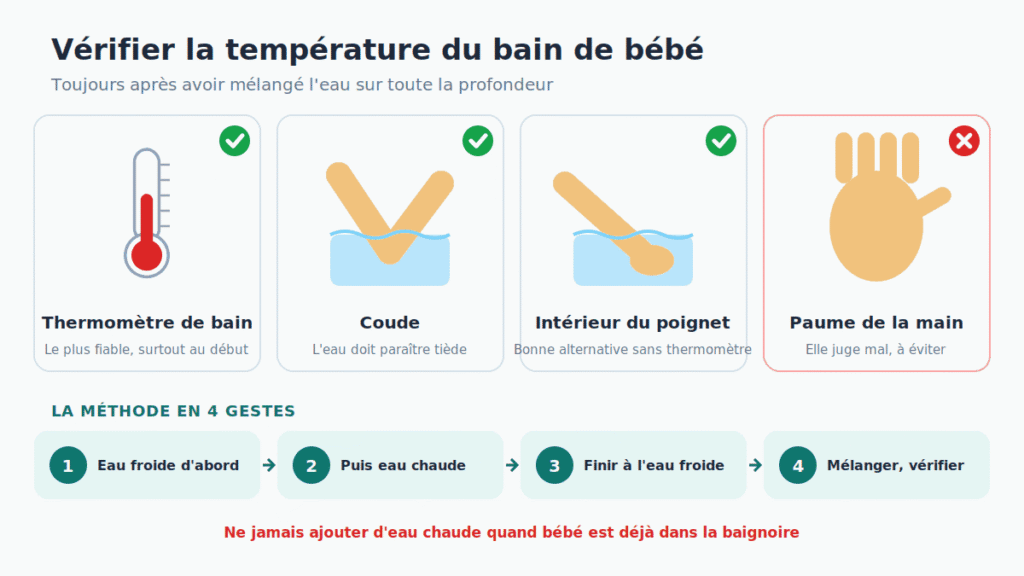 Vérifier la température du bain de bébé au thermomètre, au coude ou au poignet, et la méthode en 4 gestes